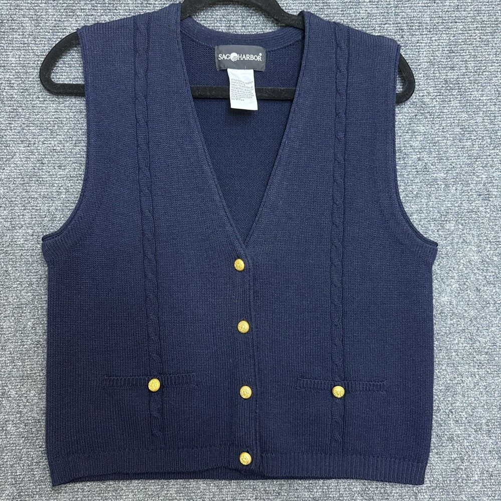 VTG Sag Harbor Navy Cable Knit Button Front Sweater Vest Gold Buttons Women’s S